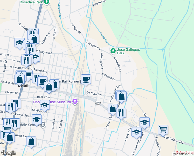 map of restaurants, bars, coffee shops, grocery stores, and more near 502 Campana Avenue in Belen