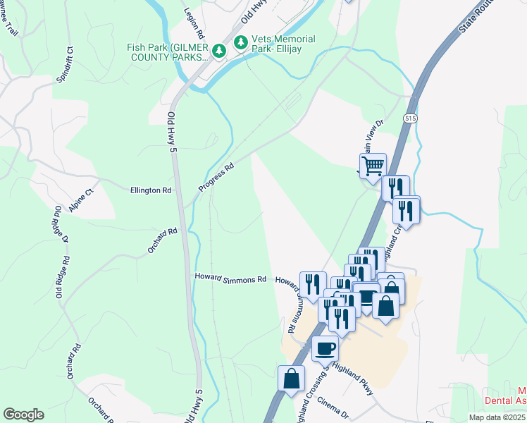 map of restaurants, bars, coffee shops, grocery stores, and more near 185 Casey Drive in East Ellijay