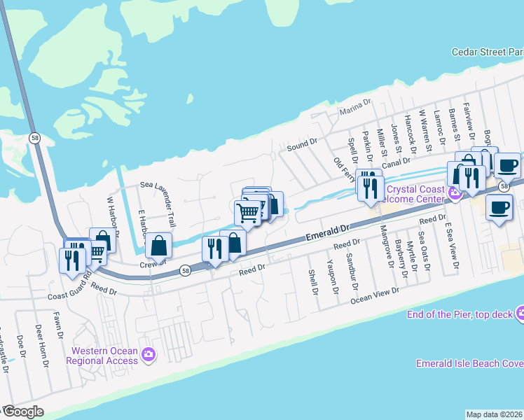 map of restaurants, bars, coffee shops, grocery stores, and more near 8709 Plantation Drive in Emerald Isle