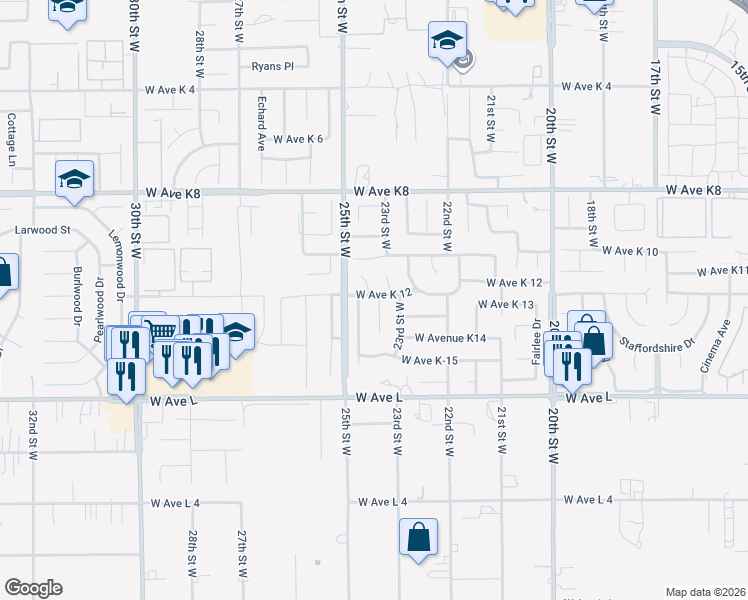 map of restaurants, bars, coffee shops, grocery stores, and more near 42953 Amoy Street in Lancaster