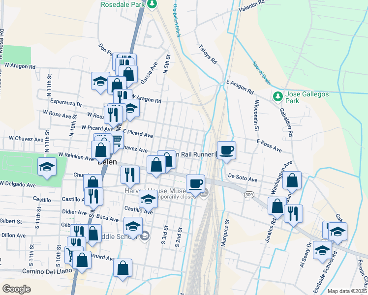 map of restaurants, bars, coffee shops, grocery stores, and more near 405 North 3rd Street in Belen