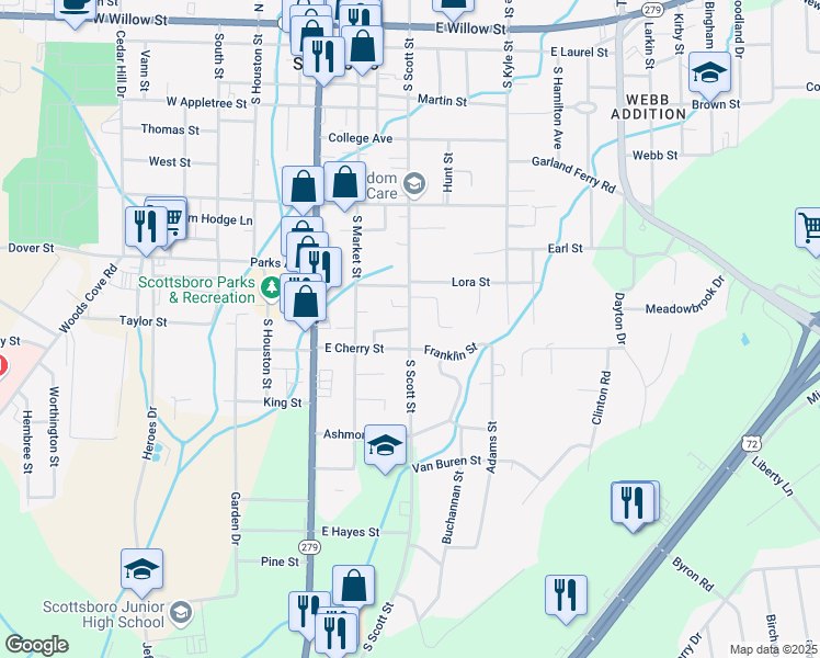 map of restaurants, bars, coffee shops, grocery stores, and more near 619 South Scott Street in Scottsboro
