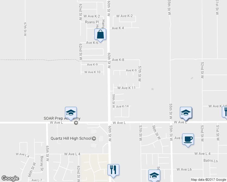 map of restaurants, bars, coffee shops, grocery stores, and more near Avenue K-12 in Lancaster