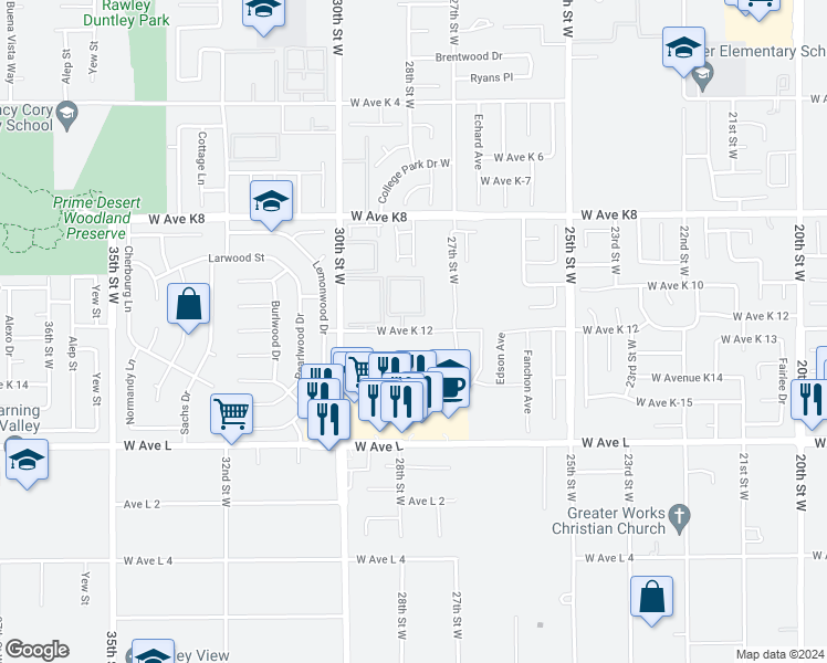 map of restaurants, bars, coffee shops, grocery stores, and more near 2815 West Avenue K12 in Lancaster