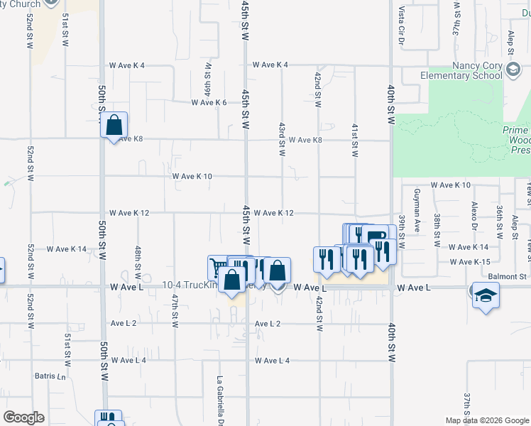 map of restaurants, bars, coffee shops, grocery stores, and more near 2 West Avenue K 12 in Quartz Hill
