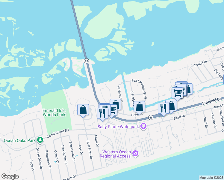 map of restaurants, bars, coffee shops, grocery stores, and more near 418 Sunrise Court in Emerald Isle