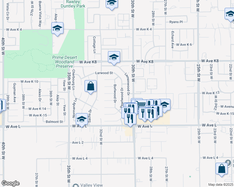 map of restaurants, bars, coffee shops, grocery stores, and more near 42962 Burlwood Drive in Lancaster