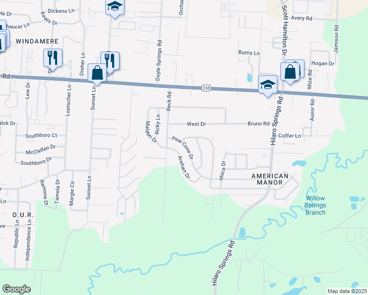 map of restaurants, bars, coffee shops, grocery stores, and more near 4321 Pine Cone Drive in Little Rock