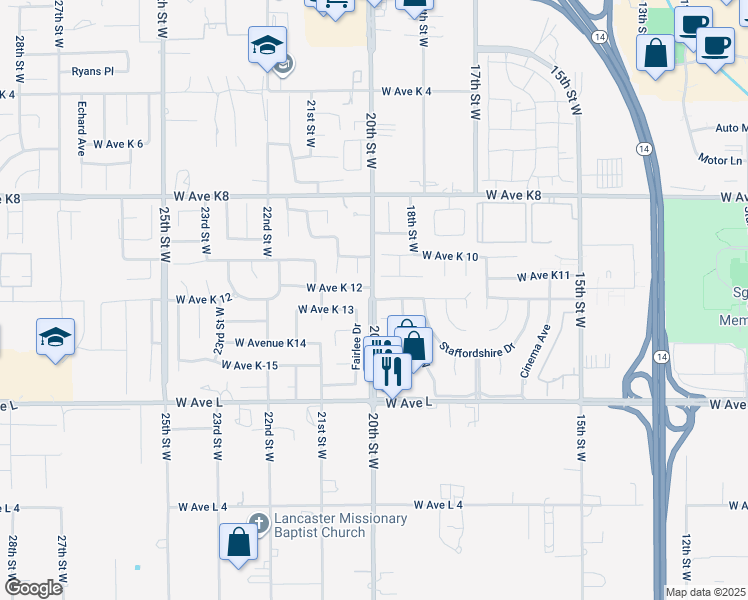 map of restaurants, bars, coffee shops, grocery stores, and more near 2833 West Avenue K12 in Lancaster