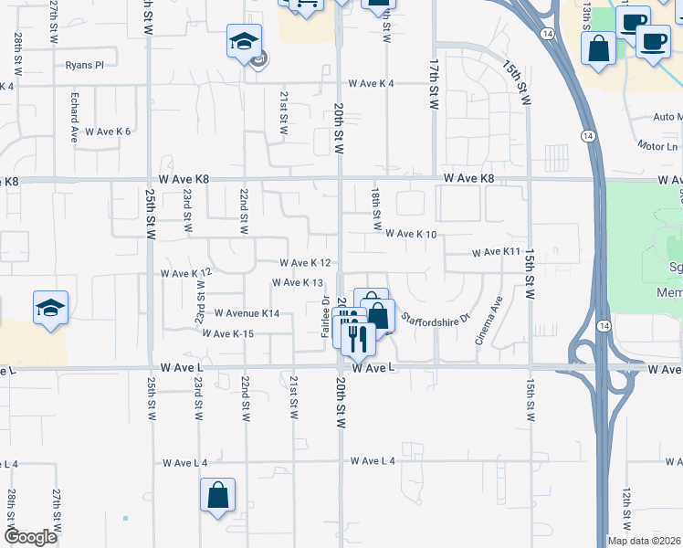 map of restaurants, bars, coffee shops, grocery stores, and more near 1925 West Avenue K 13 in Lancaster