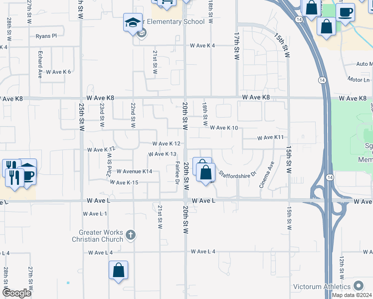 map of restaurants, bars, coffee shops, grocery stores, and more near 2833 West Avenue K12 in Lancaster