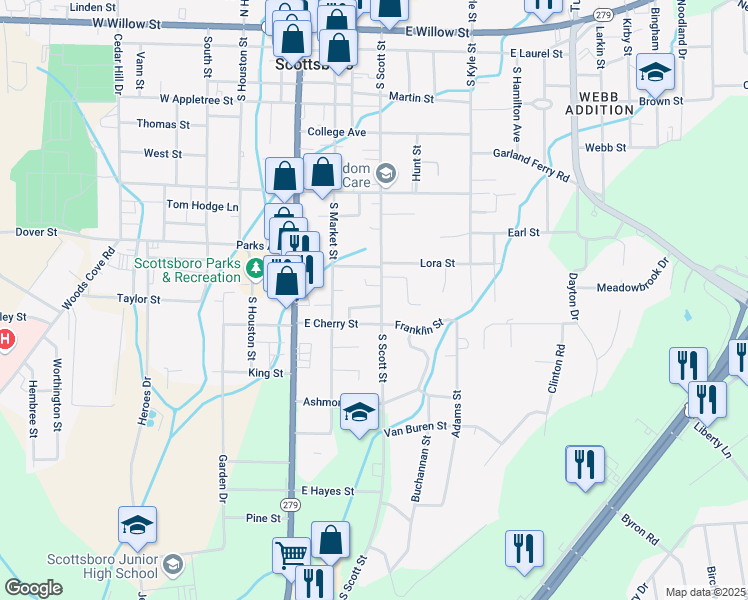 map of restaurants, bars, coffee shops, grocery stores, and more near 619 South Scott Street in Scottsboro