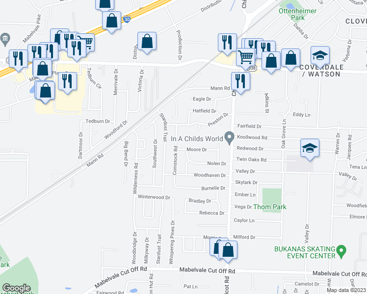 map of restaurants, bars, coffee shops, grocery stores, and more near 7920 Moore Drive in Little Rock