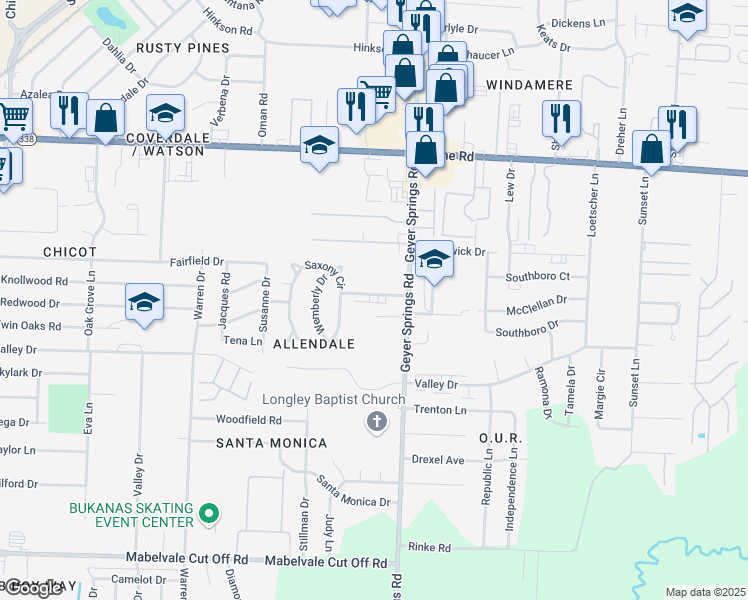 map of restaurants, bars, coffee shops, grocery stores, and more near 9510 Geyer Springs Road in Little Rock