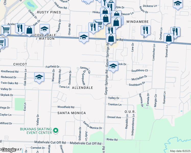 map of restaurants, bars, coffee shops, grocery stores, and more near 9510 Geyer Springs Road in Little Rock