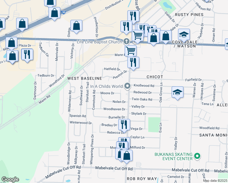 map of restaurants, bars, coffee shops, grocery stores, and more near 7809 Moore Drive in Little Rock