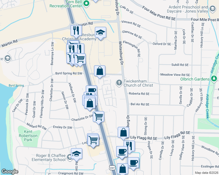 map of restaurants, bars, coffee shops, grocery stores, and more near 204 Beauchamp Place Southwest in Huntsville