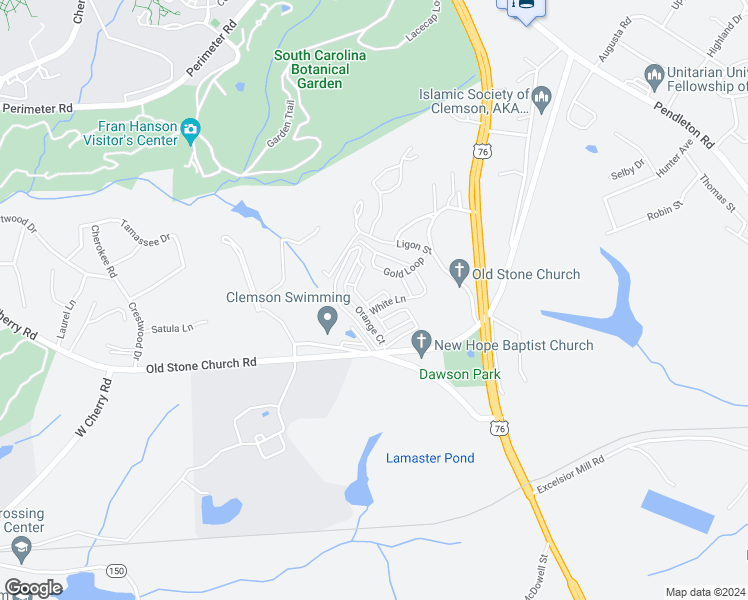 map of restaurants, bars, coffee shops, grocery stores, and more near 201 White Lane in Clemson