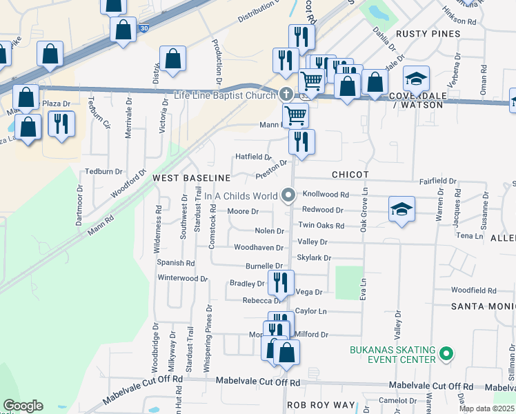 map of restaurants, bars, coffee shops, grocery stores, and more near 7809 Moore Drive in Little Rock
