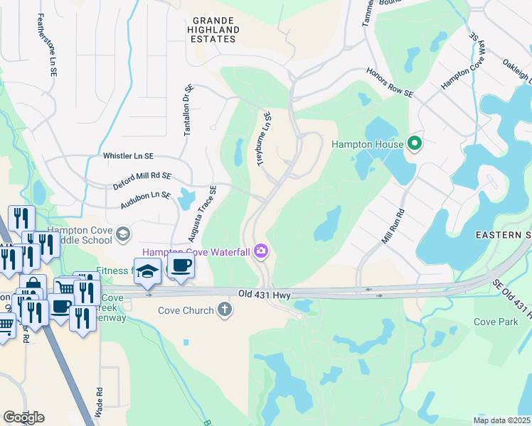 map of restaurants, bars, coffee shops, grocery stores, and more near 3029 Hampton Cove Way Southeast in Owens Cross Roads