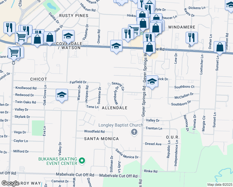 map of restaurants, bars, coffee shops, grocery stores, and more near 9 Wemberly Drive in Little Rock