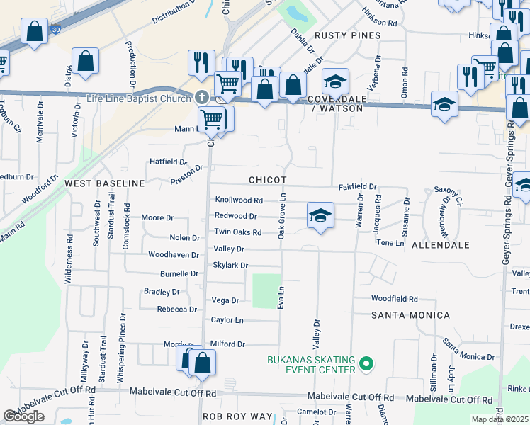 map of restaurants, bars, coffee shops, grocery stores, and more near 7301 Redwood Drive in Little Rock