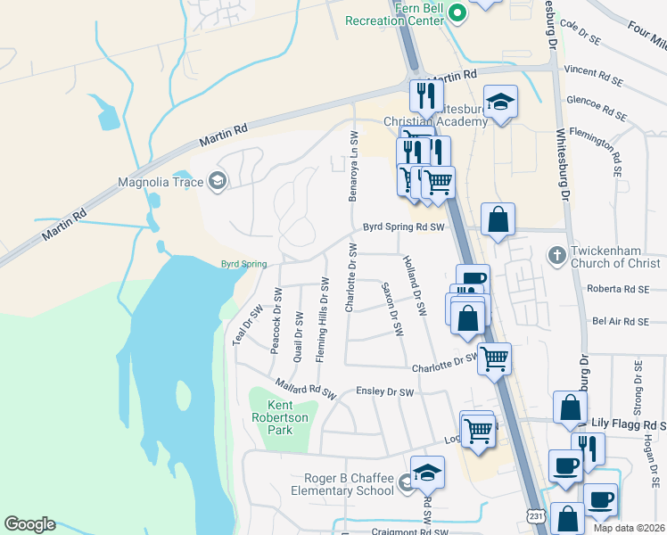 map of restaurants, bars, coffee shops, grocery stores, and more near 7609 Fleming Hills Drive Southwest in Huntsville