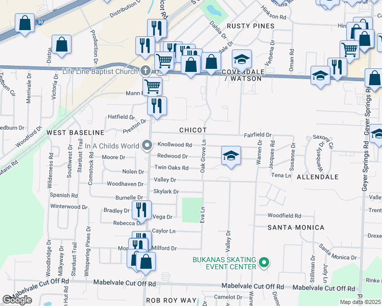 map of restaurants, bars, coffee shops, grocery stores, and more near 7301 Redwood Drive in Little Rock
