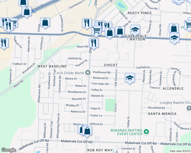 map of restaurants, bars, coffee shops, grocery stores, and more near 7500 Redwood Drive in Little Rock