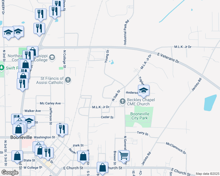 map of restaurants, bars, coffee shops, grocery stores, and more near 304 Oneal Street in Booneville