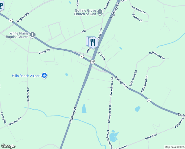 map of restaurants, bars, coffee shops, grocery stores, and more near 125 Kingston Drive in Pelzer