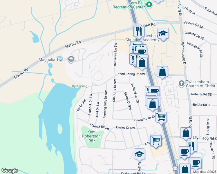 map of restaurants, bars, coffee shops, grocery stores, and more near 7609 Fleming Hills Drive Southwest in Huntsville