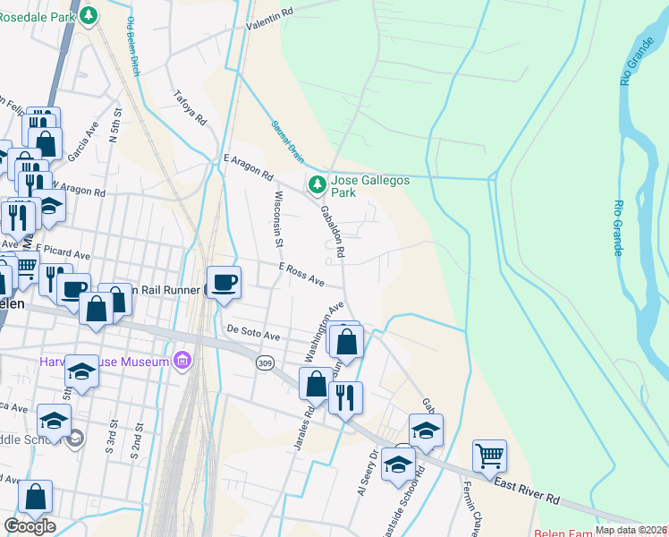 map of restaurants, bars, coffee shops, grocery stores, and more near 415 East Ross Avenue in Belen