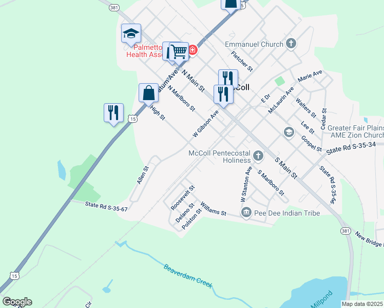map of restaurants, bars, coffee shops, grocery stores, and more near 317 West Railroad Avenue in McColl