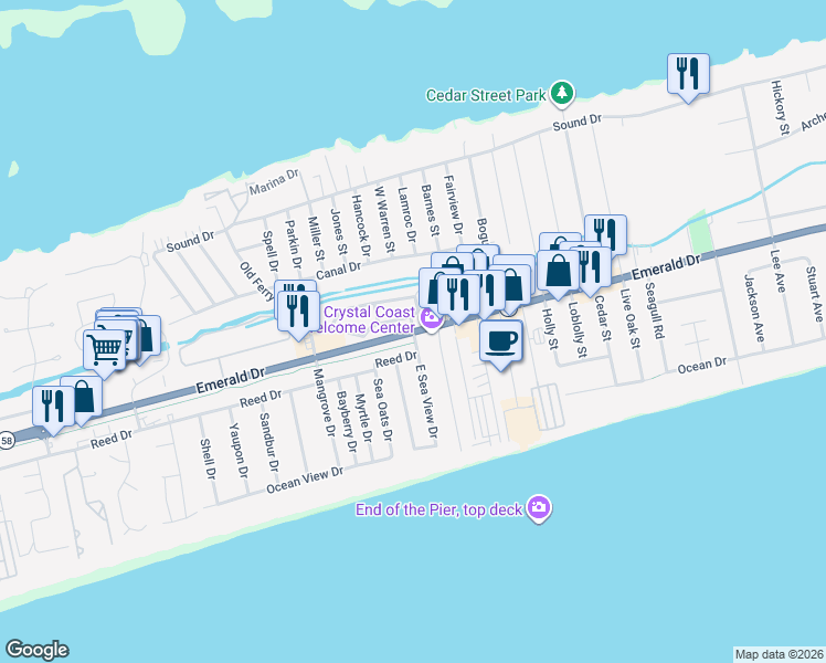 map of restaurants, bars, coffee shops, grocery stores, and more near 8450 North Carolina 58 in Emerald Isle