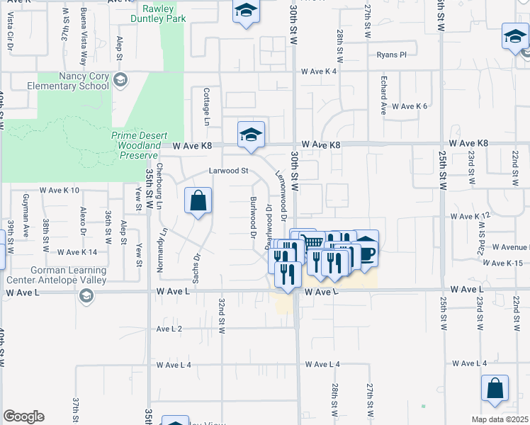map of restaurants, bars, coffee shops, grocery stores, and more near 43007 Pearlwood Drive in Lancaster