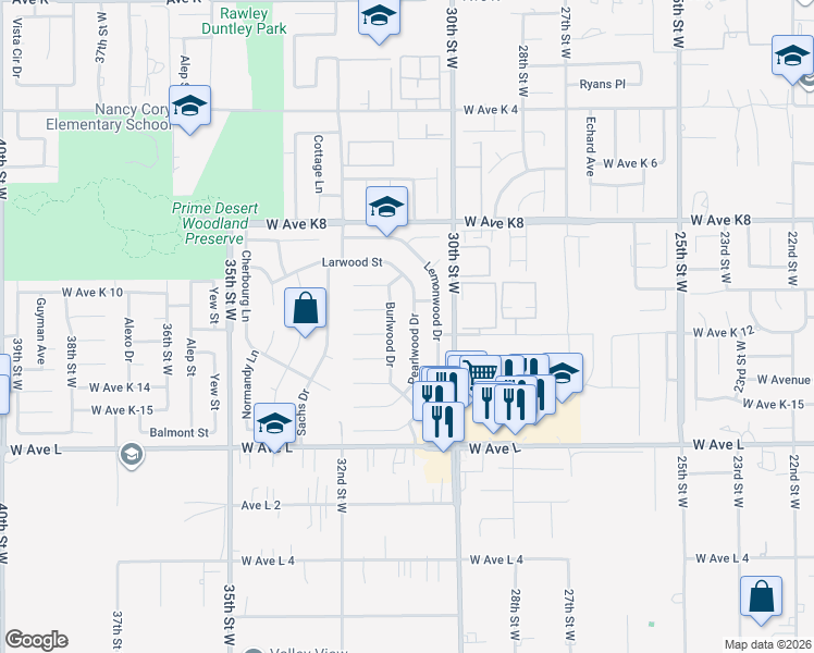 map of restaurants, bars, coffee shops, grocery stores, and more near 43007 Pearlwood Drive in Lancaster