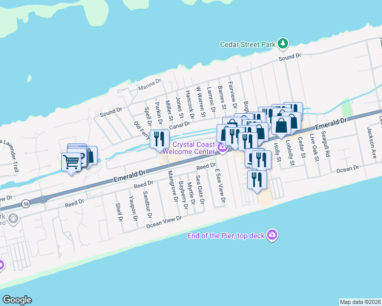 map of restaurants, bars, coffee shops, grocery stores, and more near 8450-8498 N Carolina 58 in Emerald Isle