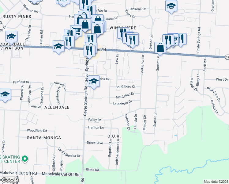 map of restaurants, bars, coffee shops, grocery stores, and more near 5509 McClellan Drive in Little Rock