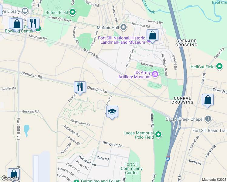 map of restaurants, bars, coffee shops, grocery stores, and more near Sheridan Road in Lawton