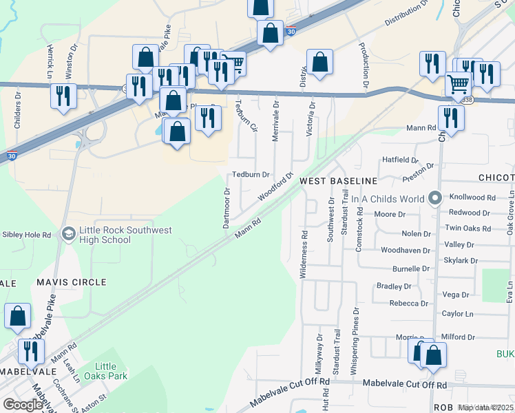 map of restaurants, bars, coffee shops, grocery stores, and more near 9613 Woodford Drive in Little Rock