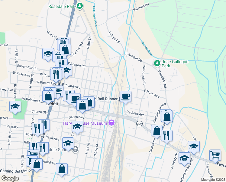 map of restaurants, bars, coffee shops, grocery stores, and more near 420 North 1st Street in Belen