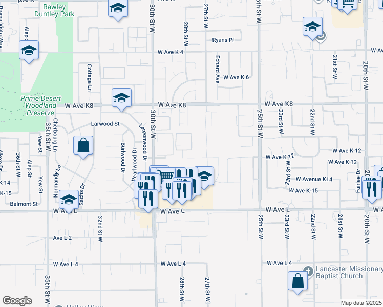 map of restaurants, bars, coffee shops, grocery stores, and more near 2803 West Avenue K 12 in Lancaster