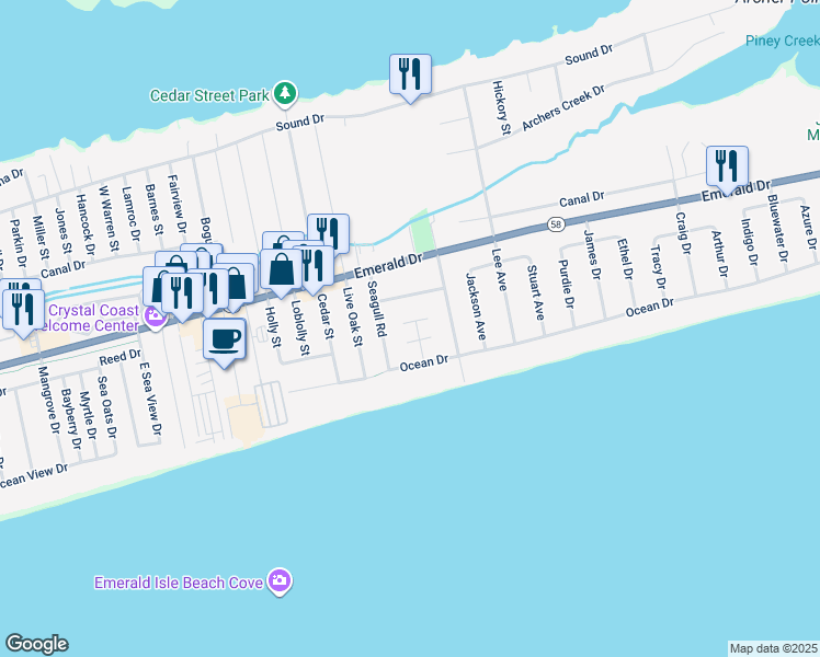 map of restaurants, bars, coffee shops, grocery stores, and more near 203 Holly Court in Emerald Isle