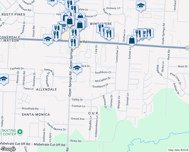 map of restaurants, bars, coffee shops, grocery stores, and more near 9315 Lew Drive in Little Rock