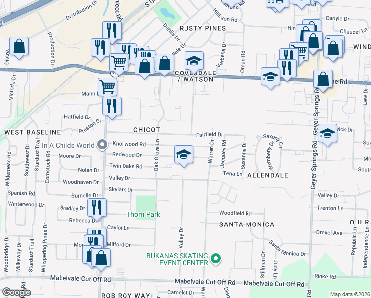 map of restaurants, bars, coffee shops, grocery stores, and more near 7017 Fairfield Drive in Little Rock