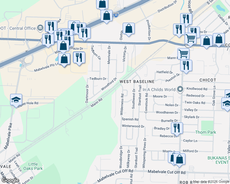 map of restaurants, bars, coffee shops, grocery stores, and more near 9414 Wilderness Road in Little Rock
