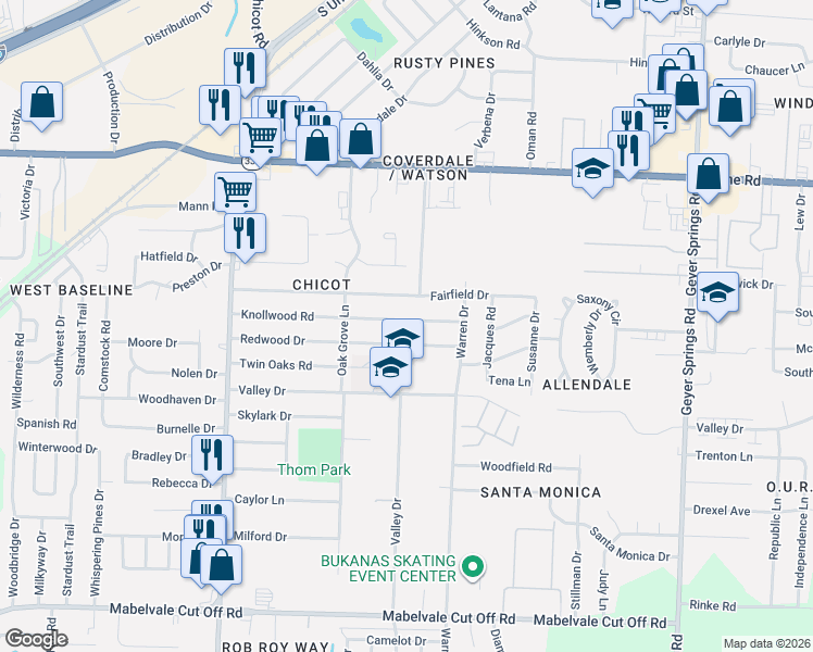 map of restaurants, bars, coffee shops, grocery stores, and more near 7017 Fairfield Drive in Little Rock