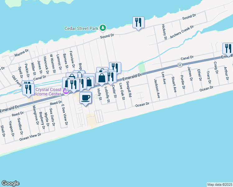 map of restaurants, bars, coffee shops, grocery stores, and more near 210 Cedar Street in Emerald Isle