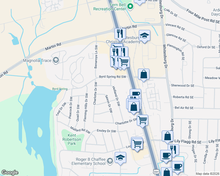 map of restaurants, bars, coffee shops, grocery stores, and more near 7602 Dalton Street Southwest in Huntsville